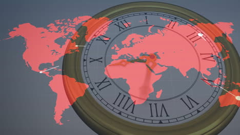 animation of clock face overlaying red world map with highlighted locations