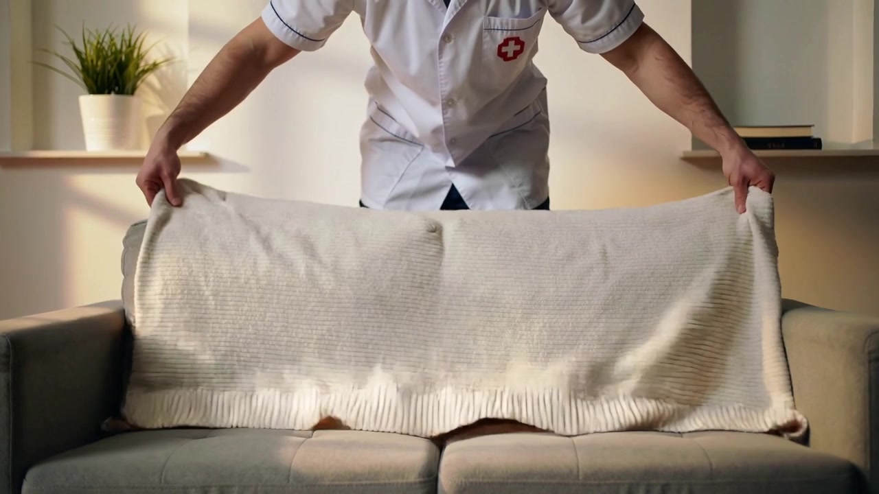 Man in uniform picking up blanket, draping and smoothing over gray sofa at home, neatening throw