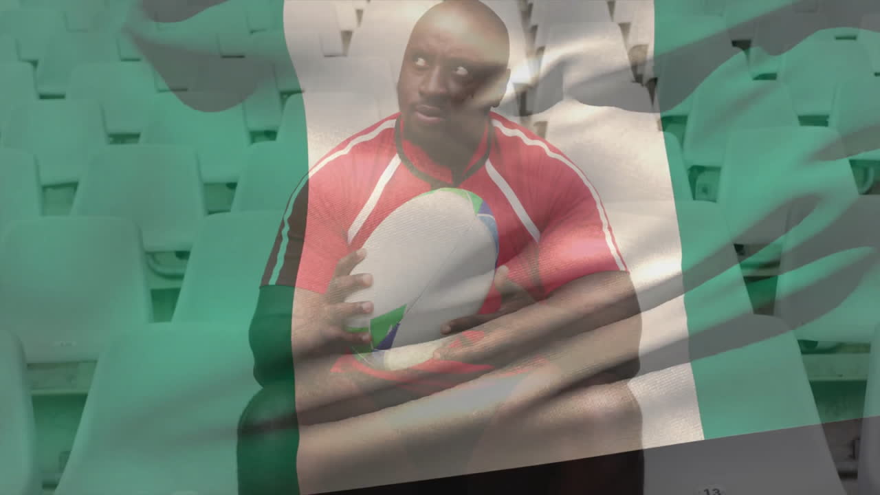 나이지리아의 발이 공을 들고 있는 아프리카계 미국 럭비 선수 위에 있는 애니메이션