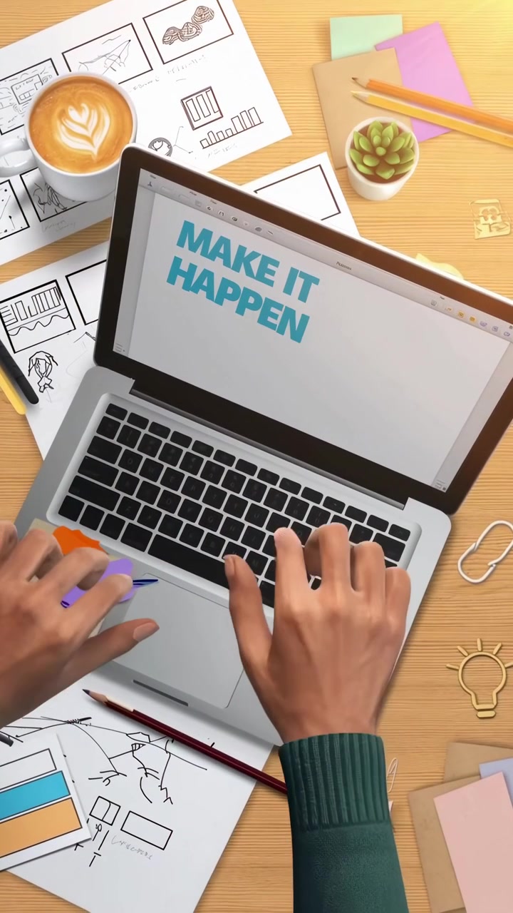 Mani animate che digitano "Realizzalo" su un laptop su una scrivania creativa