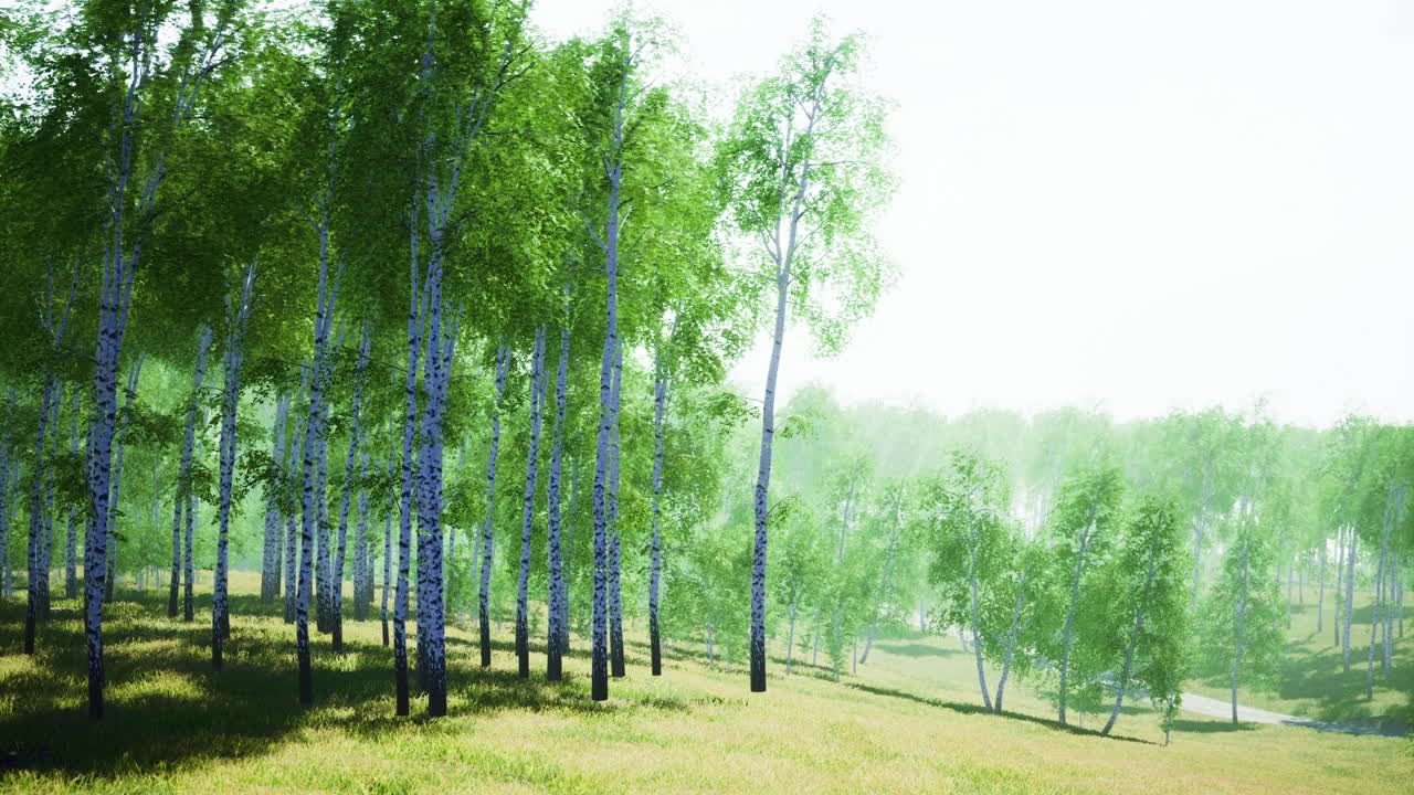 Lush green forest embraces peaceful sunlight in a serene landscape view