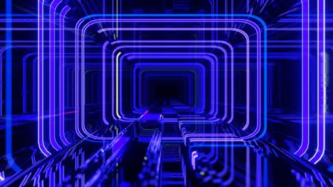 animación en bucle sin costuras de 4k. vuela a través del túnel de espejo con patrón de neón, las líneas de brillo forman un patrón de ciencia ficción. luz de neón de reflexión brillante. fondo brillante simple, estructura de ciencia ficción