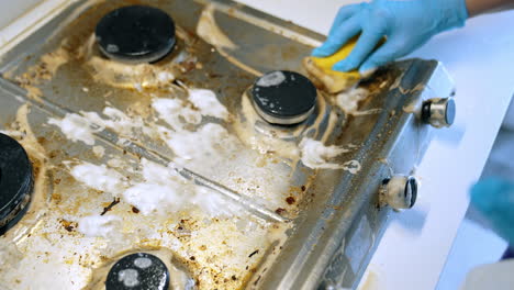 cleaning a greasy kitchen stovetop. hands in blue gloves spray cleaner onto a dirty stovetop, scrubbing away thick grease and food remnants with a sponge