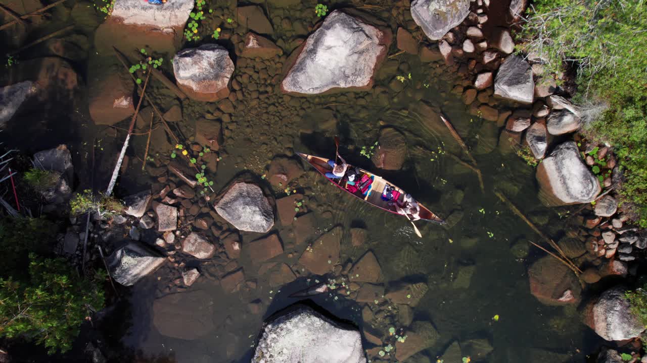 cabeza de una canoa maniobrando en un río cristalino, 4k