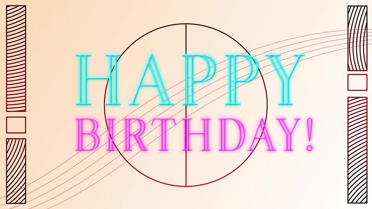 animación de texto de feliz cumpleaños sobre formas geométricas sobre fondo blanco
