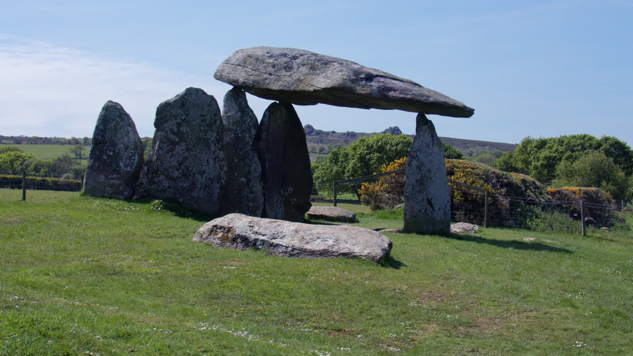 Slow zoom of pentre Ifan Burial chamber at Nevern