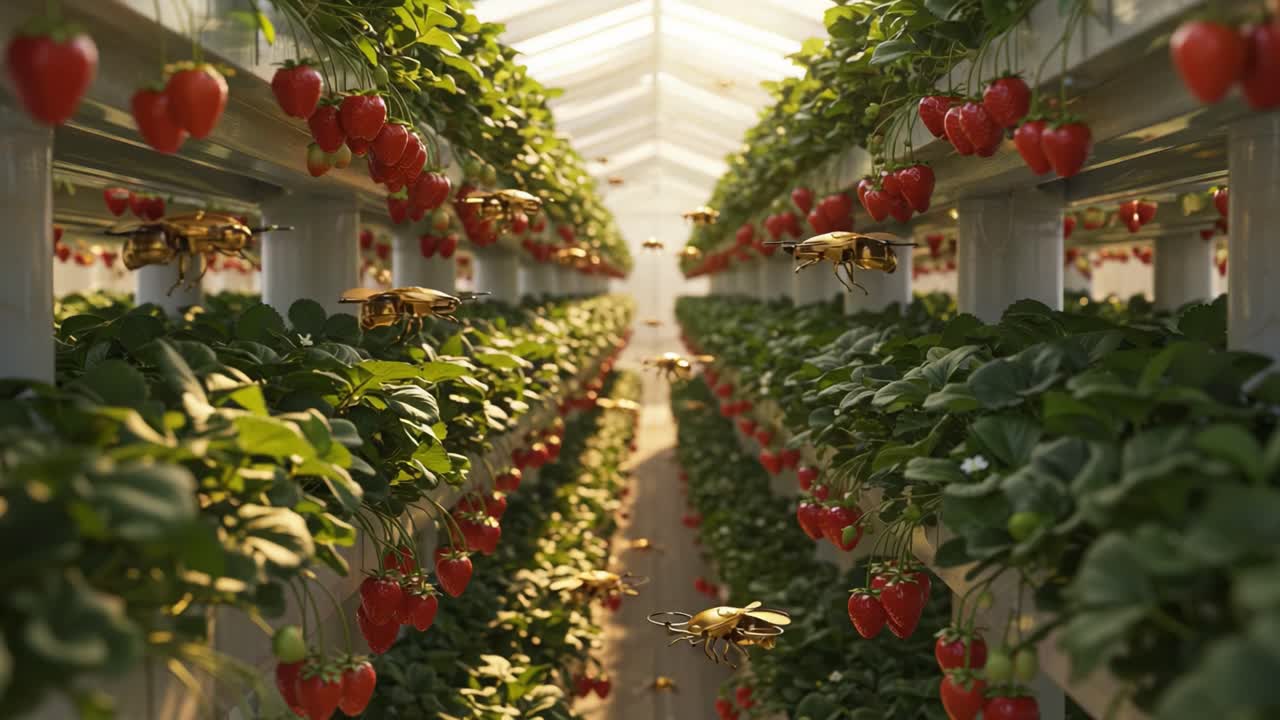 A Stunning View Inside a Greenhouse Filled with Vibrant Strawberry Plants and Pollinating Bees, Showcasing the Beauty of Nature and Sustainable Agriculture