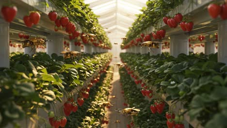 a stunning view inside a greenhouse filled with vibrant strawberry plants and pollinating bees, showcasing the beauty of nature and sustainable agriculture