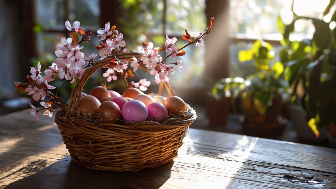 Soft light spills through a window. Pink blossoms frame a wicker basket. Eggs rest warmly in the basket. Sunlight dances across the wooden table. Stillness holds the spring morning