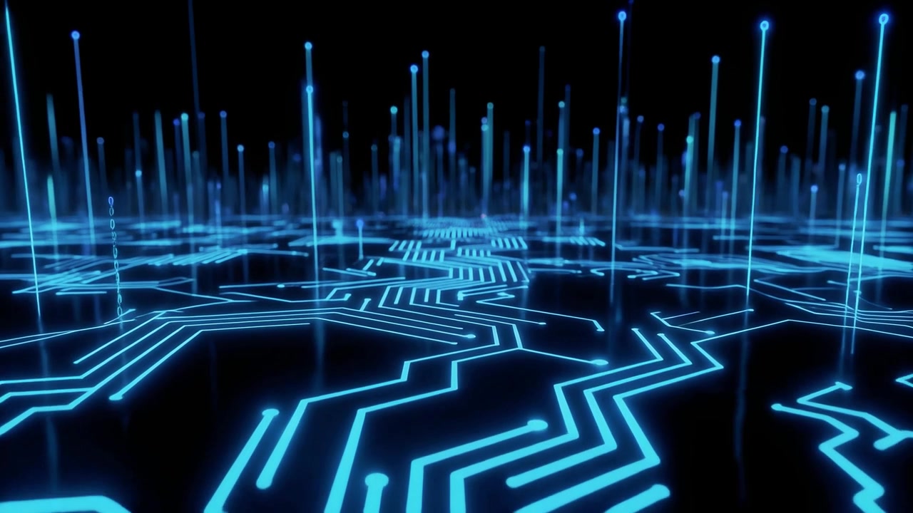 Abstract Digital Circuit Board with Glowing Blue Lines and Data Flow