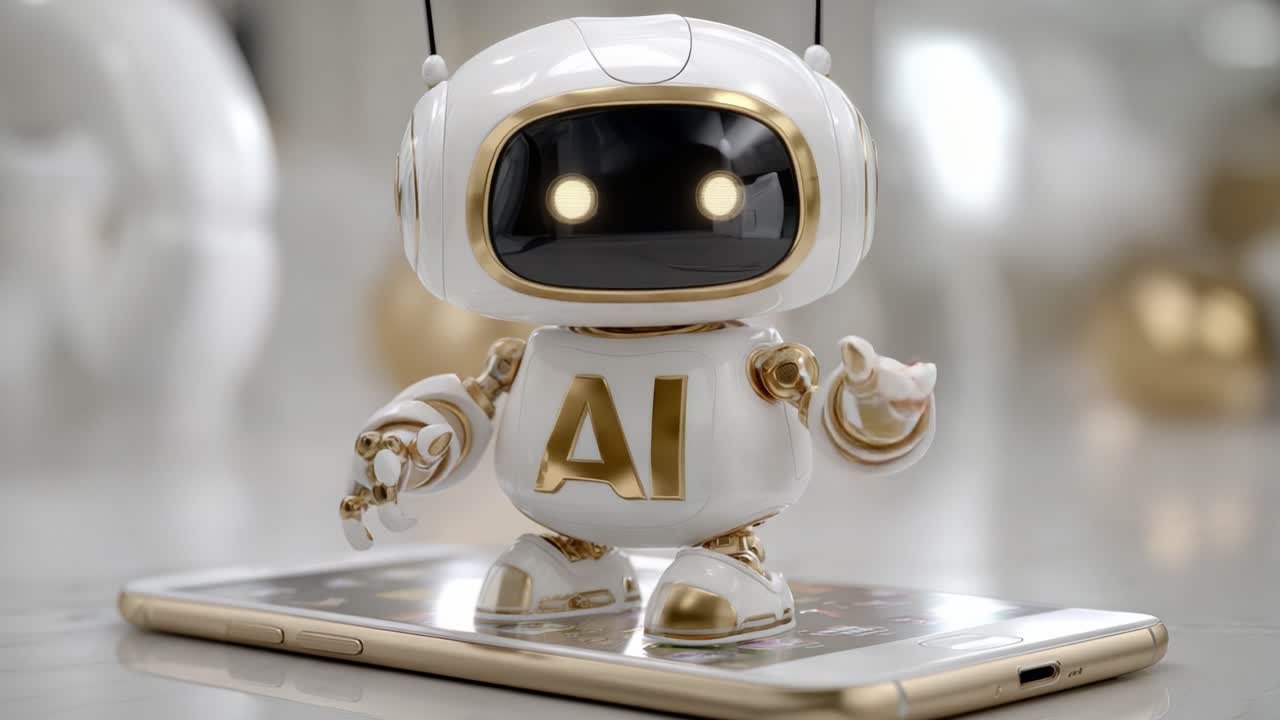 Un affascinante personaggio robot AI che interagisce con la tecnologia visualizzata su uno smartphone, mostrando innovazioni moderne e concetti futuri.