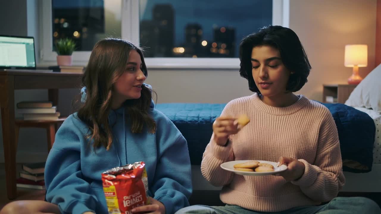 Duas mulheres sentadas, a da esquerda pegando um saco de salgadinhos vermelhos, a da direita oferecendo um biscoito, compartilhando um estilo de vida.