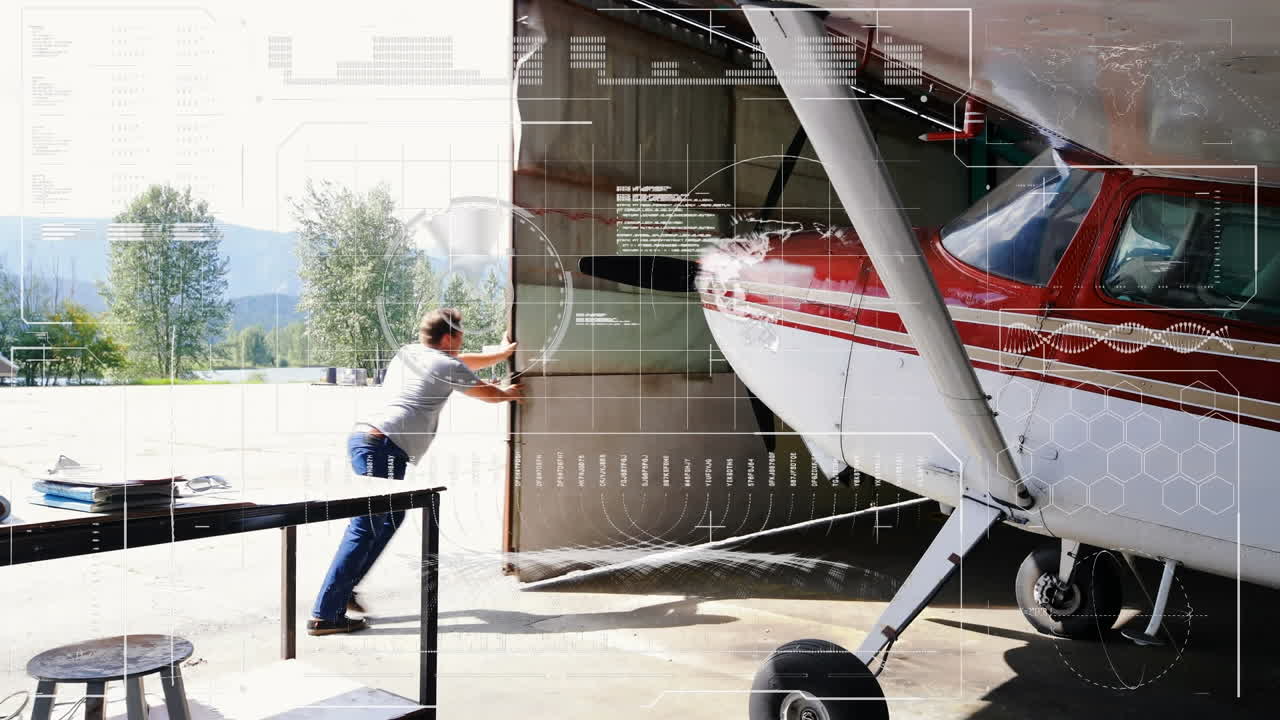 Animación de procesamiento de datos sobre un piloto caucásico y un avión