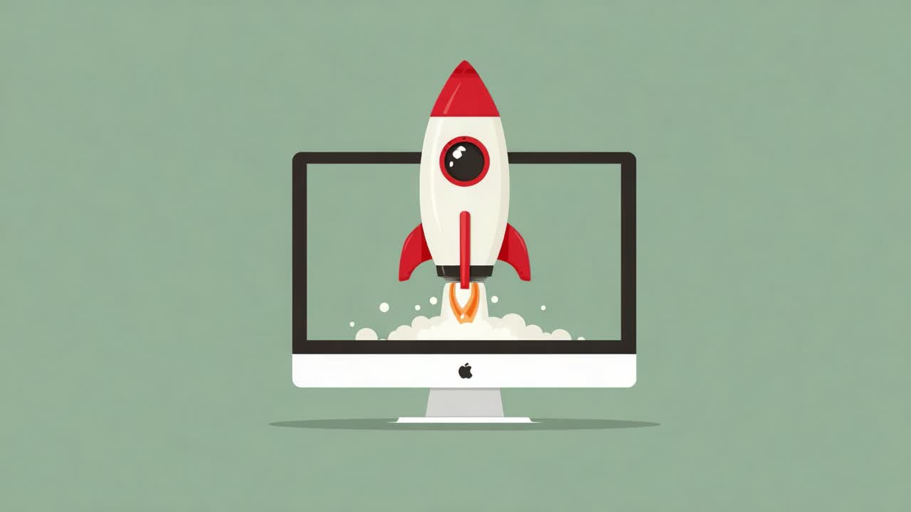 A vibrant illustration of a rocket launching from a computer screen, depicting themes of innovation, technology advancement, and creative exploration. Perfect for inspiring projects and presentations