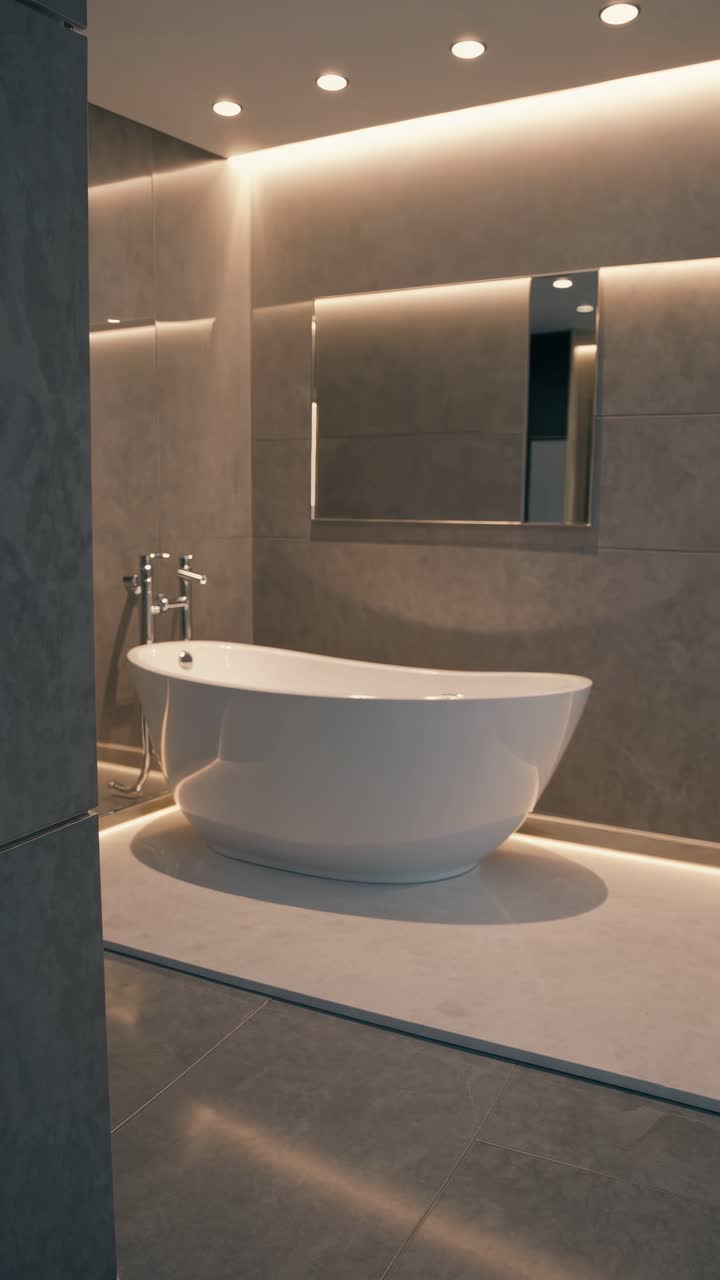 Modern bathroom with a freestanding tub, soft lighting, and sleek design