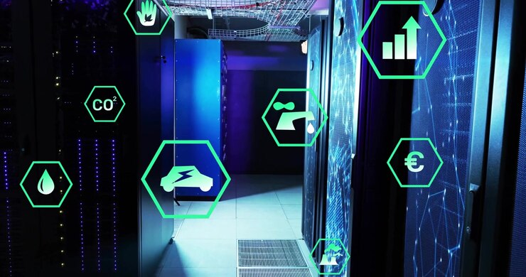 Огни коридора центра обработки данных заставляют зеленые шестиугольные иконки дрейфовать внутрь, чтобы выделить стоимость энергии.