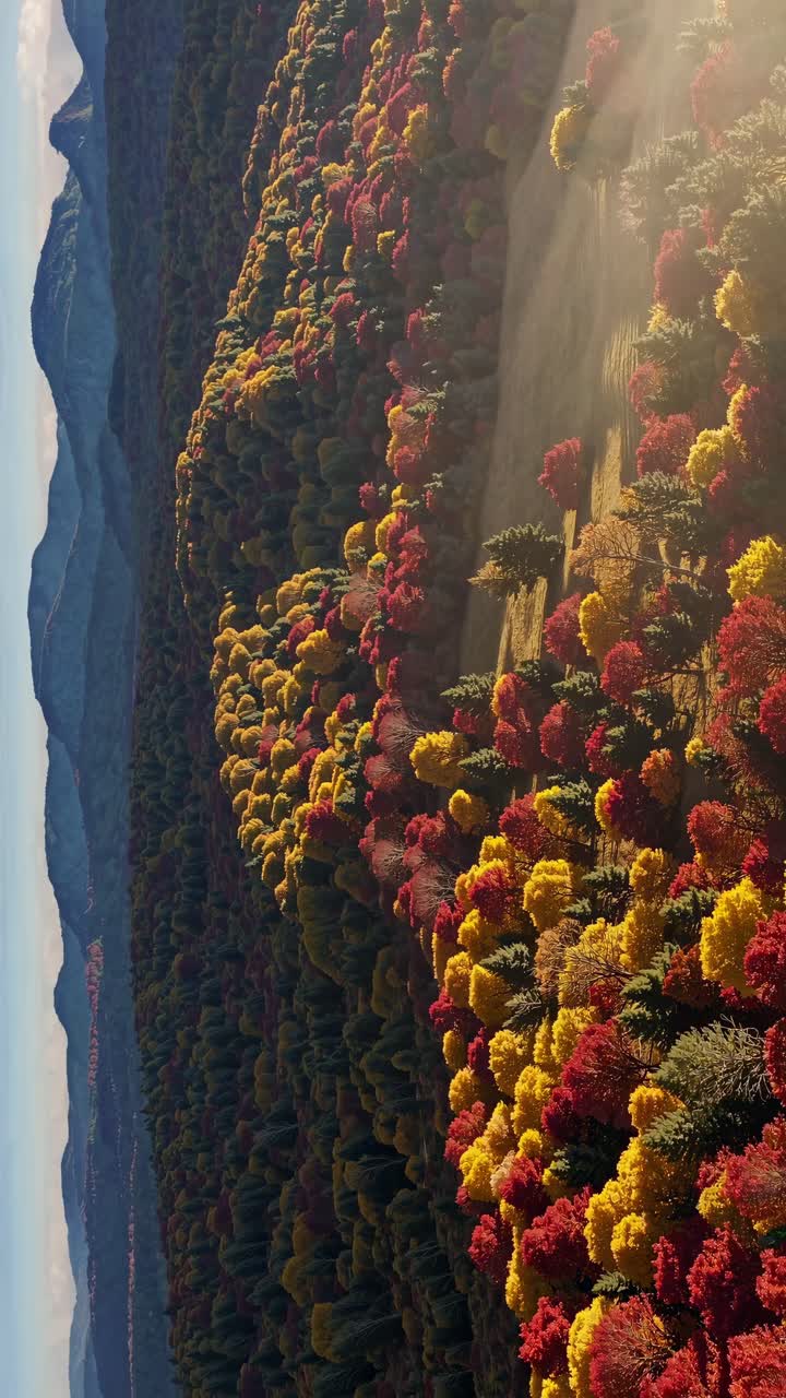 Aerial video captures vibrant autumn forest with red, yellow foliage