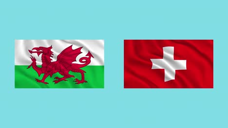 waving flags of wales and switzerland isolated on turquoise background. to illustrate relations between countries