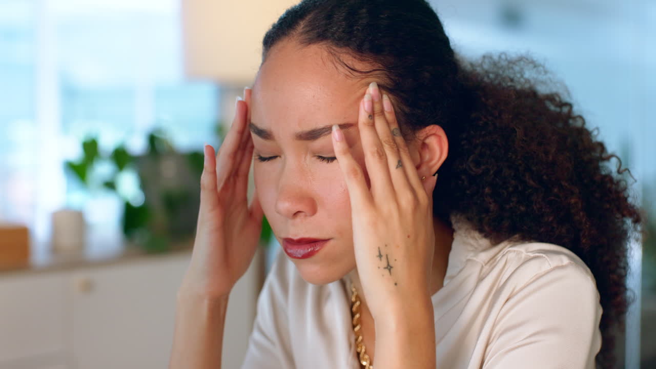 Headache, stress and woman with pain