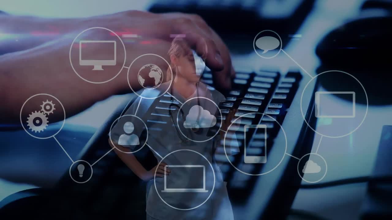 animación de la red de conexiones sobre una mujer caucásica escribiendo en el teclado de la computadora