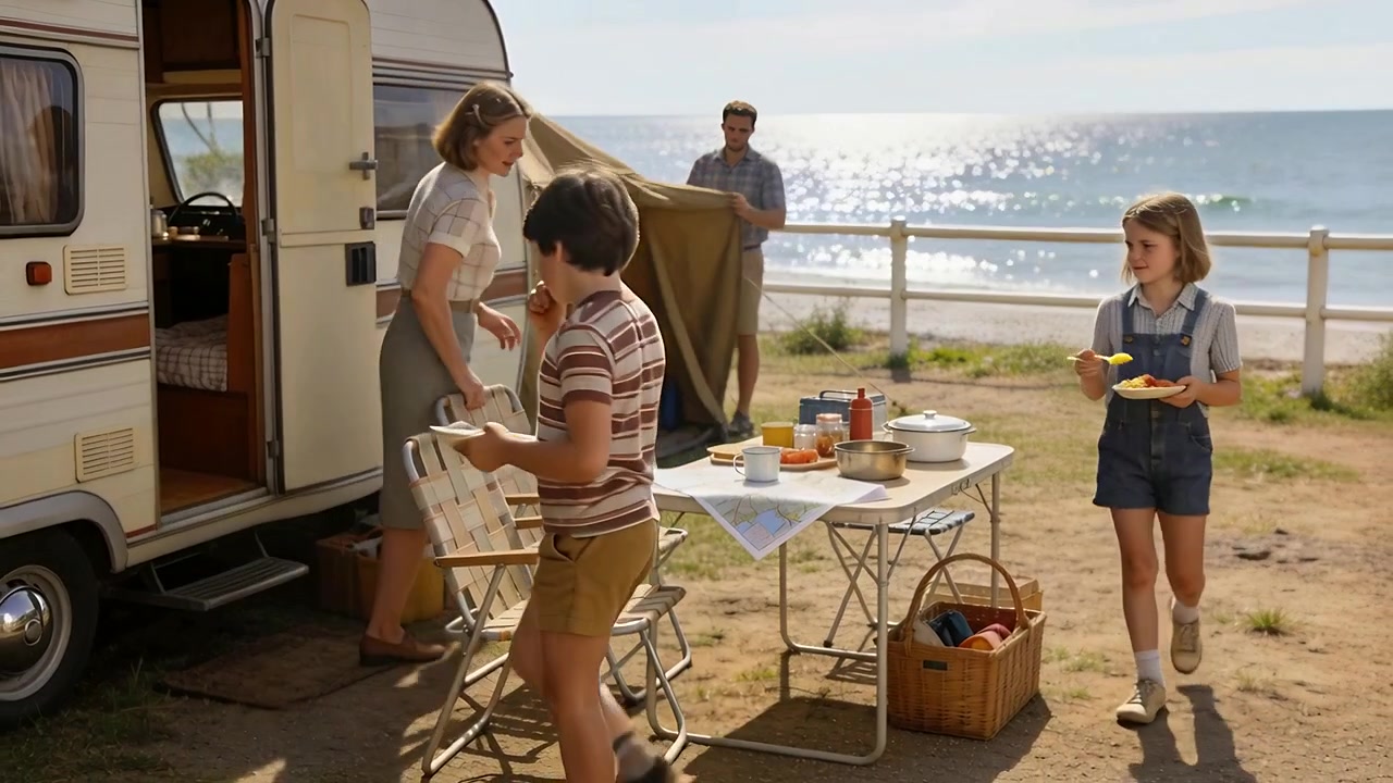 La famiglia sta finendo di prepararsi per mangiare in un'area camper, il padre sistema la tenda e i bambini portano i piatti.