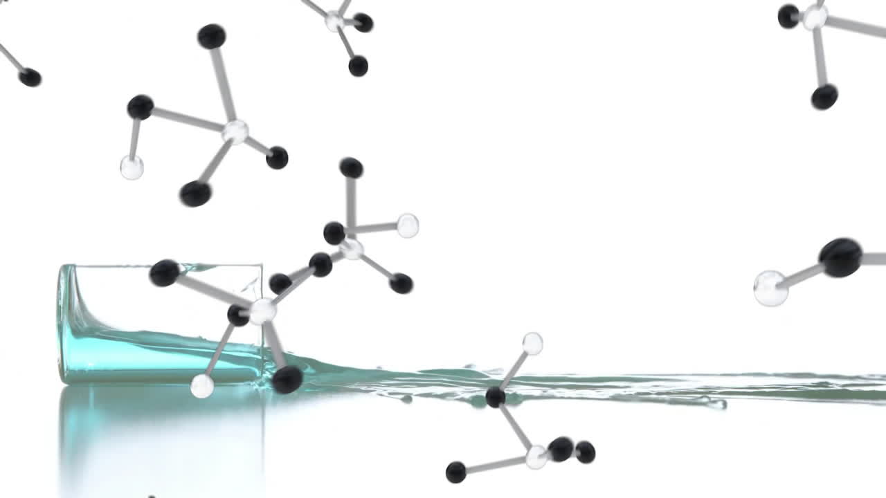 물로 된 컵 위에 분자의 애니메이션