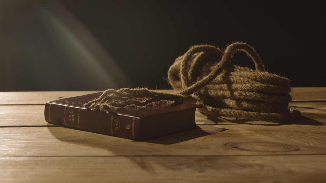 밧줄로 나무 테이블에 오래된 성경의 종교적 개념 샷