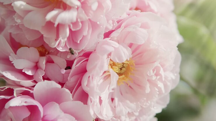 Video close-up bunga peony merah muda dengan seekor lebah, menangkap kelopak halus dari sudut samping