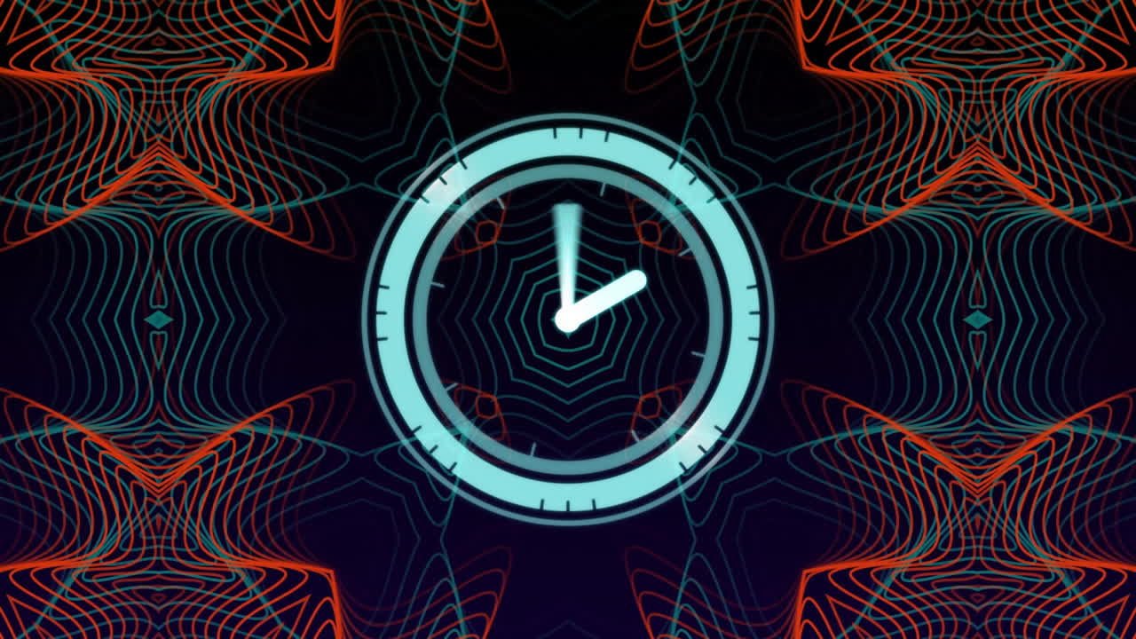 Clock animation over geometric patterns with vibrant red and blue lines