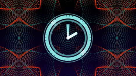 clock animation over geometric patterns with vibrant red and blue lines