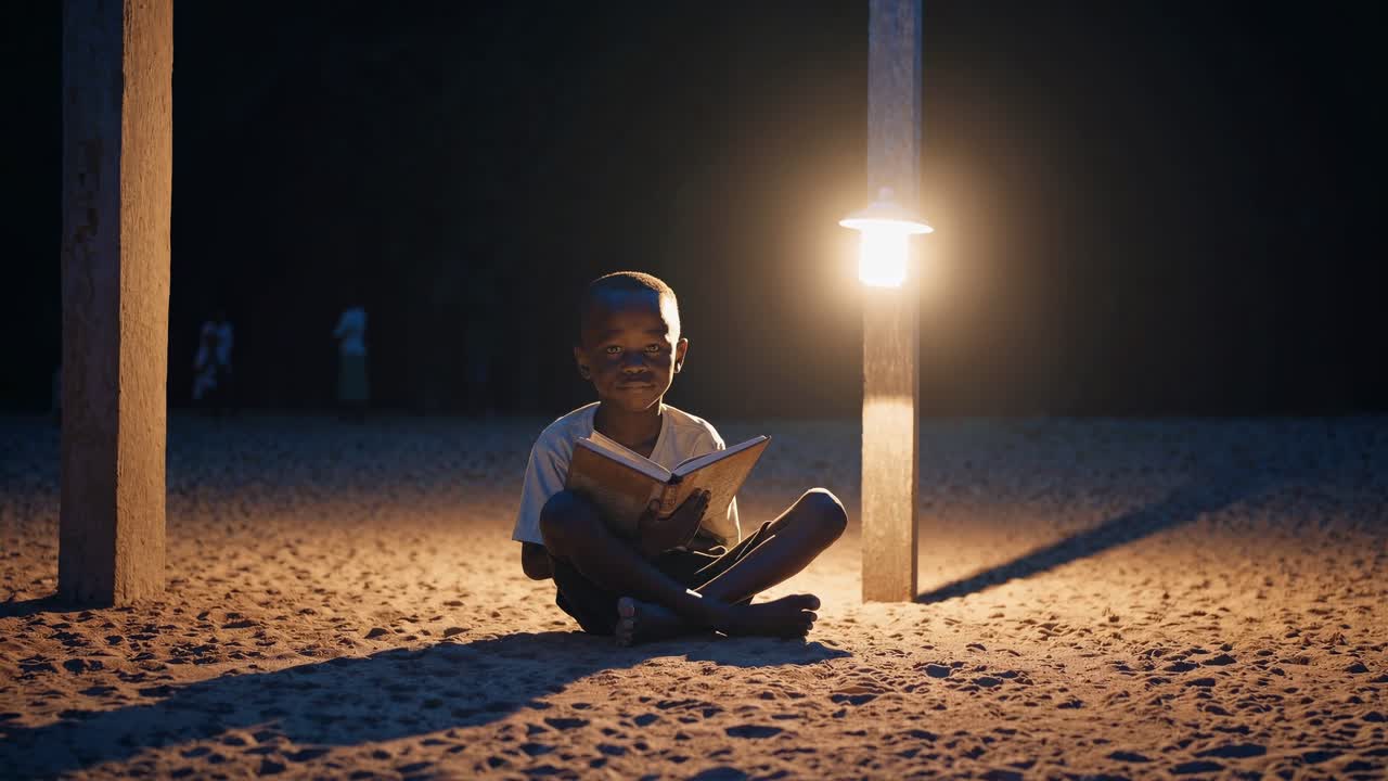 젊은 아프리카 학생은 거리 조명 아래서 책을 읽으며, 저녁 어 속에서 지식과 영감을 얻으며, 교육의 희망과 개인적인 성장을 구현합니다.