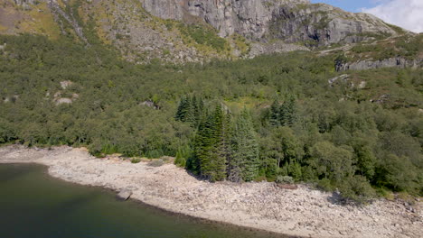 Drone-shot-flying-backwards-over-forest-and-lakes-in-the-mountains-of-Norway