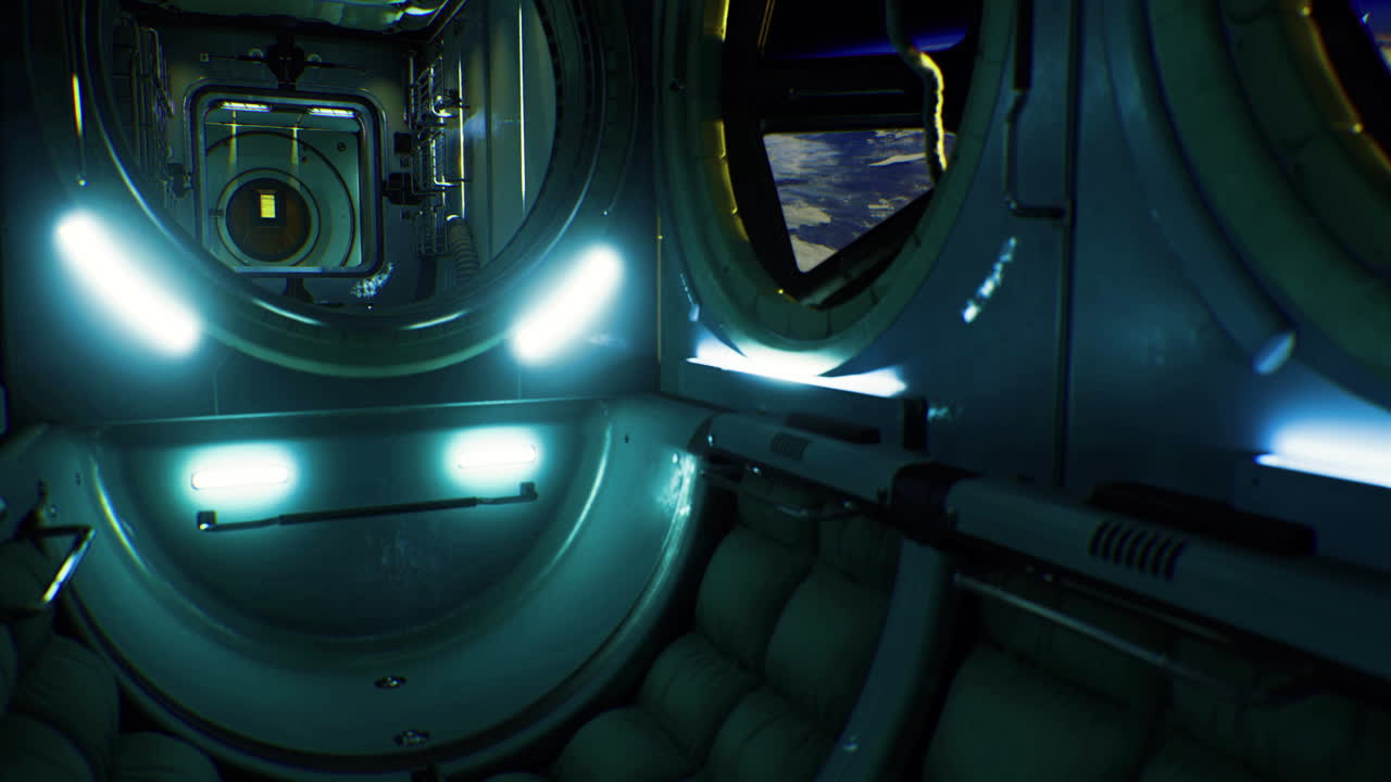 Exploring a futuristic spacecraft corridor with views of earth beyond