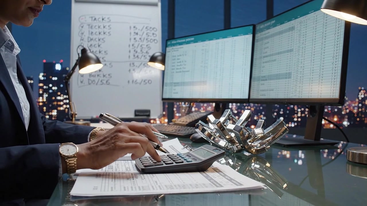 Professionel forretningskvinde analyserer finansielle data med lommeregner og regneark på et moderne kontor med udsigt over en bysilhuet om natten, hvilket demonstrerer effektivitet og fokus