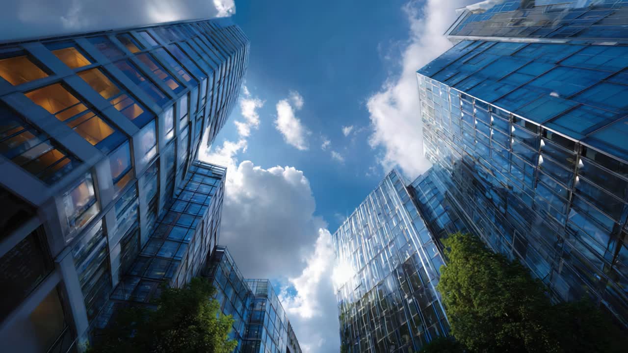 Uma vista impressionante de arranha-céus sob um céu azul brilhante, capturando a arquitetura moderna e os reflexos da paisagem urbana com formações de nuvens de tirar o fôlego