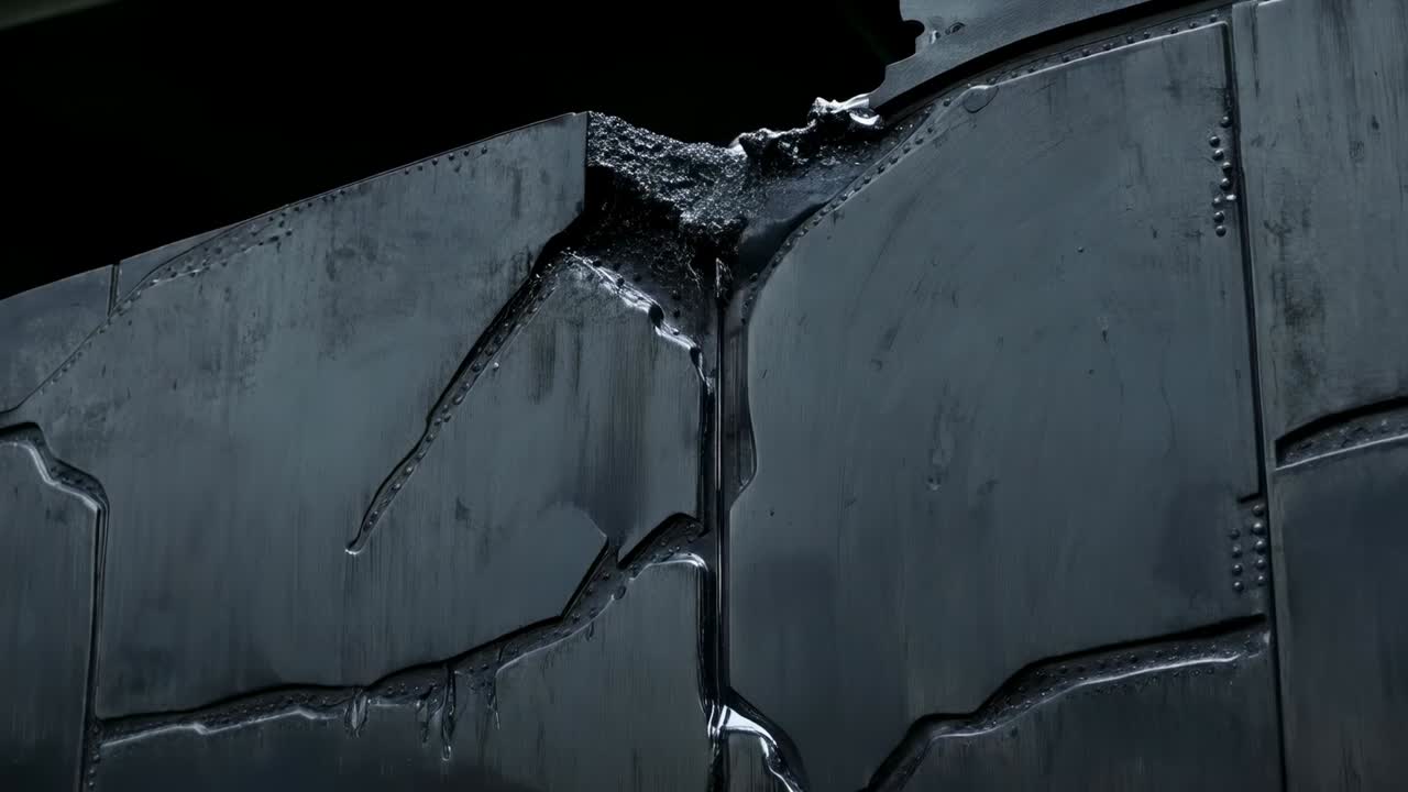 Flowing silvery viscous liquid peeling from top seam over dark metal panel, thickening and pooling