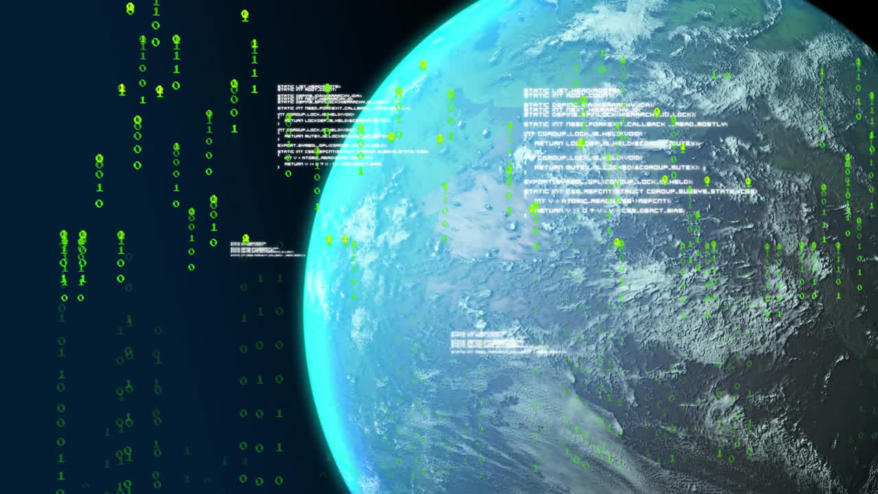 tierra con datos digitales y animación de código binario sobre fondo espacial