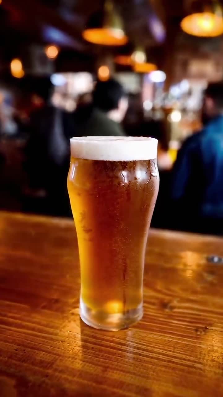 Primo piano video di una birra schiumosa su un bancone di legno, che cattura la vivace atmosfera di un pub.