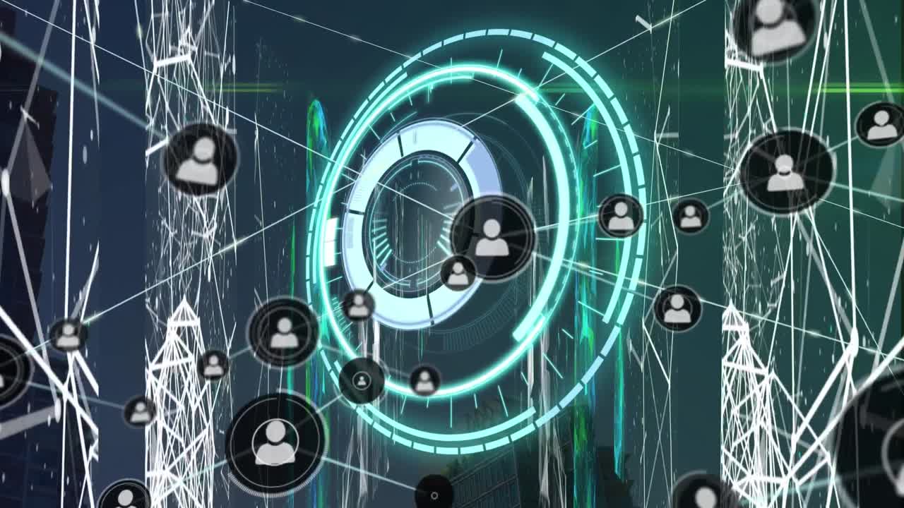 animación del procesamiento de escáner circular con iconas de red de personas que intercambian datos
