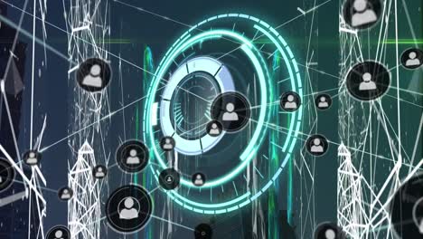 Animation of circular scanner processing with network of people icons exchanging data