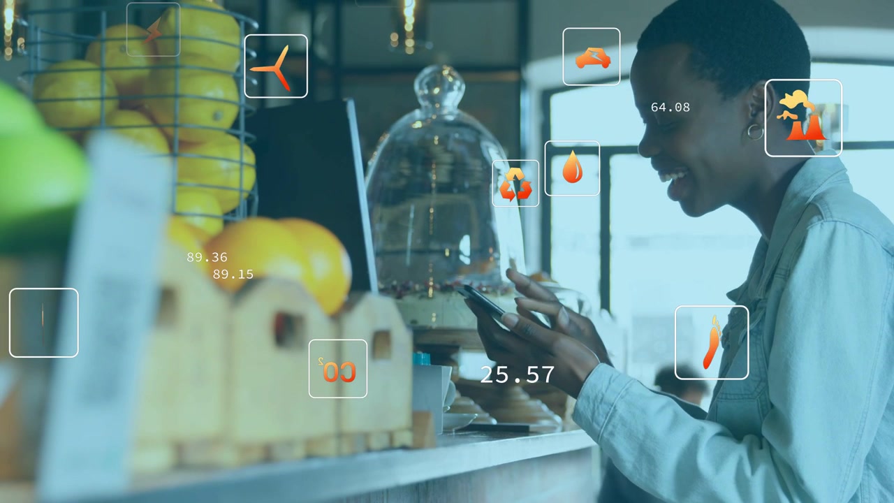 Sipping cup, patron in denim jacket tapping phone at cafe counter with AR overlays, copy space