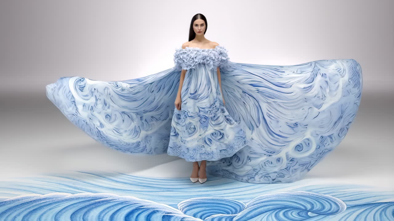 Woman in Ethereal Blue Wave Pattern Dress