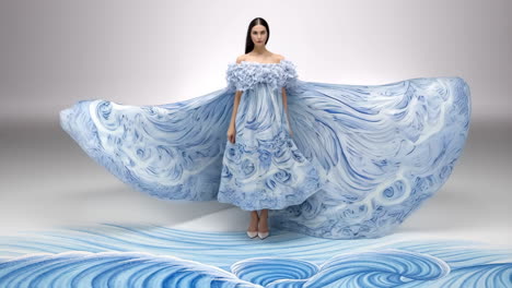 woman in ethereal blue wave pattern dress
