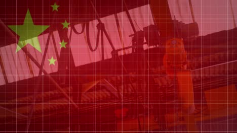 animation of financial data processing, flag of china over factory