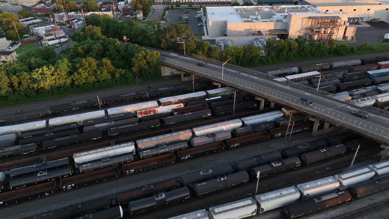 Aerial shot over Camden, New Jersey at sunset. Freight trains fill a busy railyard near an overpass, with industrial buildings and residential blocks in background. Sunset time in summer