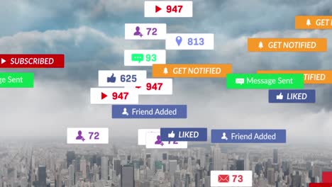 animation of falling social media icons over cityscape