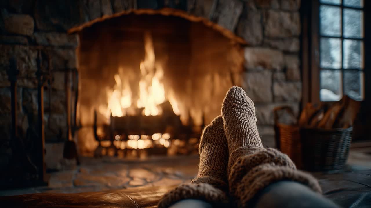 Cozy Winter Retreat: A Relaxing View of a Warm Fireplace with Toasty Socks Resting Comfortably in a Serene and Inviting Atmosphere