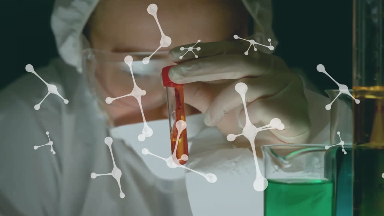 실험실에서 일하는 백인 여성 과학자에 대한 분자의 애니메이션