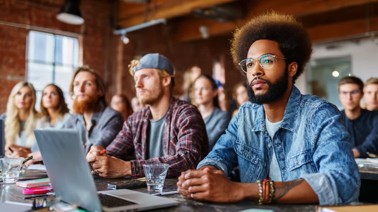 A Diverse Group of Attentive Young Adults Engaged in a Thought-Provoking Seminar, Demonstrating Interest and Collaboration in a Modern Learning Environment