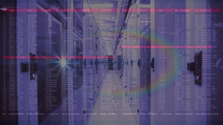 Animation of data processing on computer screens over tech room with computer servers